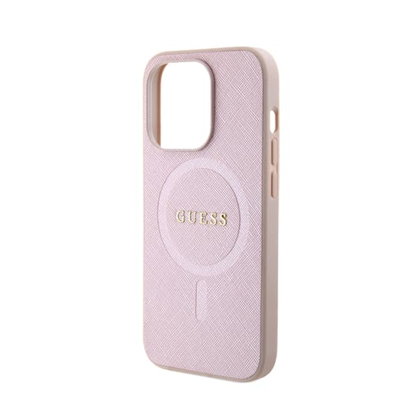 Guess Saffiano MagSafe – iPhone 15 Pro-skal (rosa)