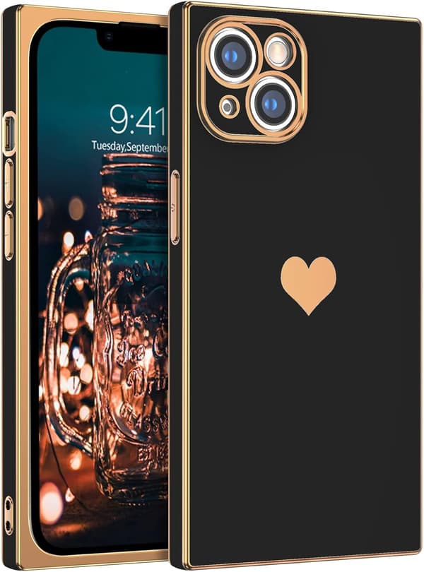 APPLE IPHONE 13 ETUI LYS SILIKONE SORT GULD MED HJERTE