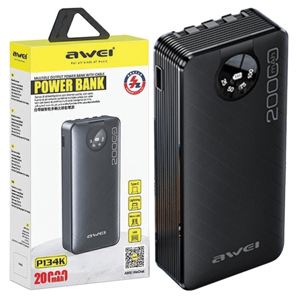 AWEI PowerBank P134K 20000mAh sort display + USB/PD/Lightning/MicroUSB kabler