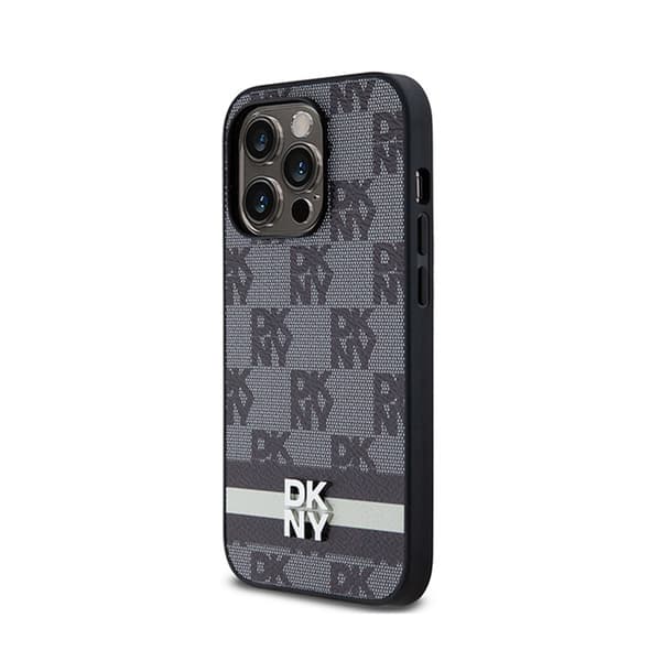 DKNY Læder Ternet Mono Mønster & Trykte Striber - iPhone 14 Pro Etui (Sort)