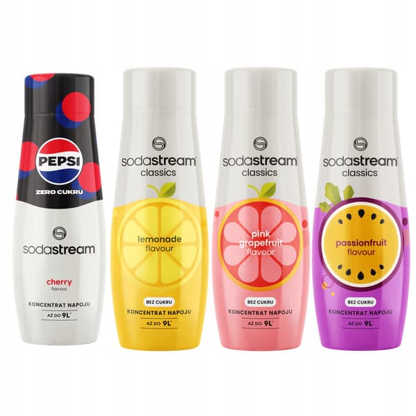 4 Sodastream Pepsi Max kirsebærsirupper + Zero Lemonade + Grapefrugt + Passionsfrugt