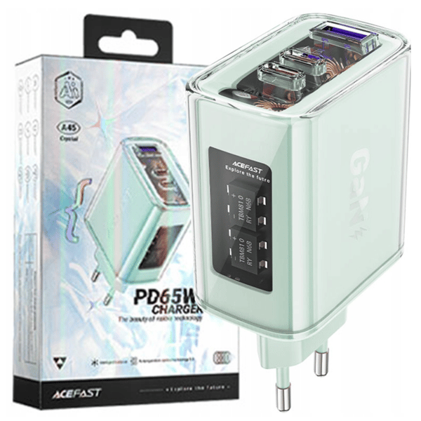 Acefast GaN oplader 65W 3 porte (1xUSB, 2xUSB C) grøn (A45)