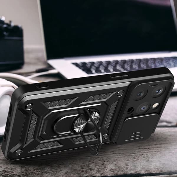 Hybrid Armor Camshield Armor-etui med stativ og kameracover til iPhone 15 Pro - Blå