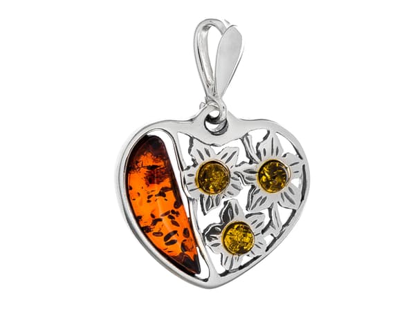 Silverhjärthänge med bärnsten, oxiderat hjärthänge med blommor
