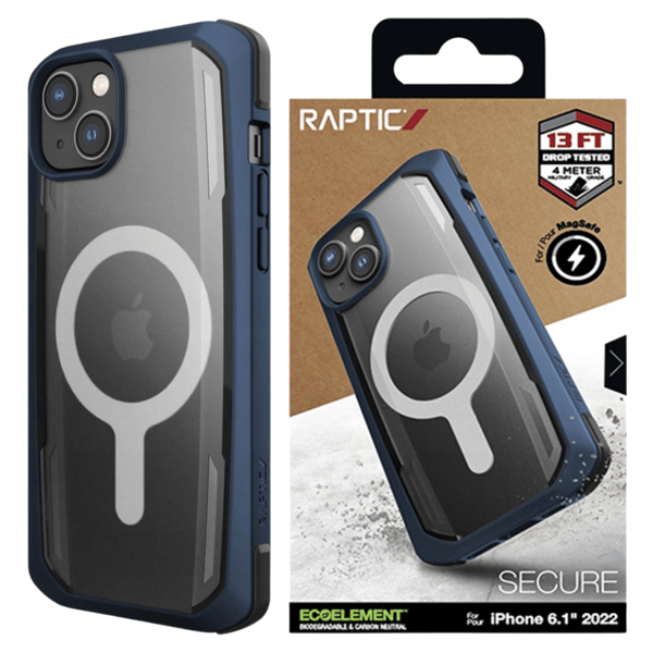 Raptic X-Doria Secure Case iPhone 14:lle MagSafe-suojakuorella, sininen