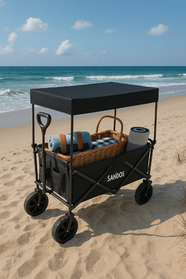 Strandklapvogn med kaleche, trailer, 100 kg, sort, foldbar, til strandferier