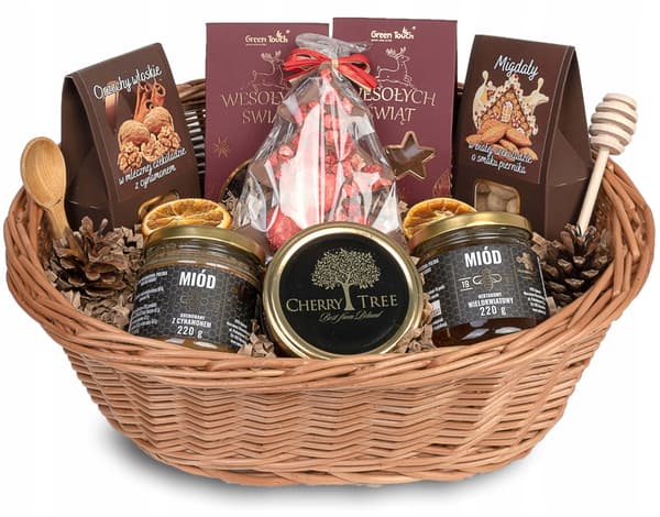 Flätad presentkorg stor set för jul med te, godis och honung