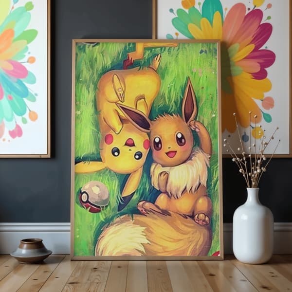 Måla efter nummer-bild med ram Pokémon Pikachu och Eevee 50x70 cm