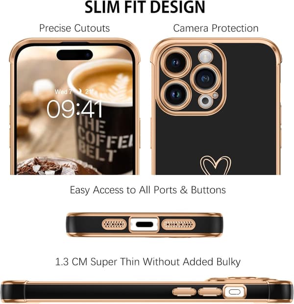 ETUI TIL APPLE IPHONE 14 PRO SORT GULD HJERTE HOLDBART A2890