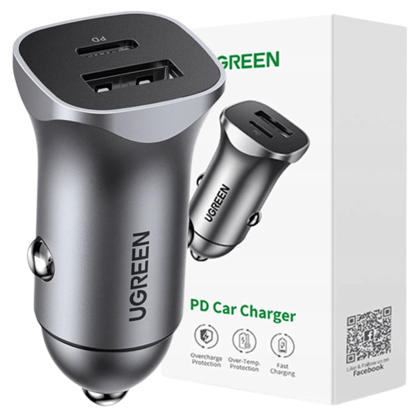 Ugreen Biloplader USB Type C / USB 24W Strømforsyning Hurtig Opladning Grå (30780)