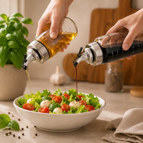 2x Glasflaskedispenser med skala 0,3 l til olivenolie, eddike, sirup, sauce, olie