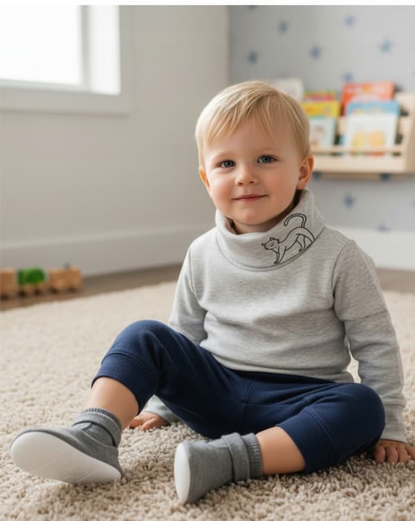 Barn TURTLENECK 98 SWEATSHIRT Barn T-SHIRT BLUS med tryck GRÅ MELERAD