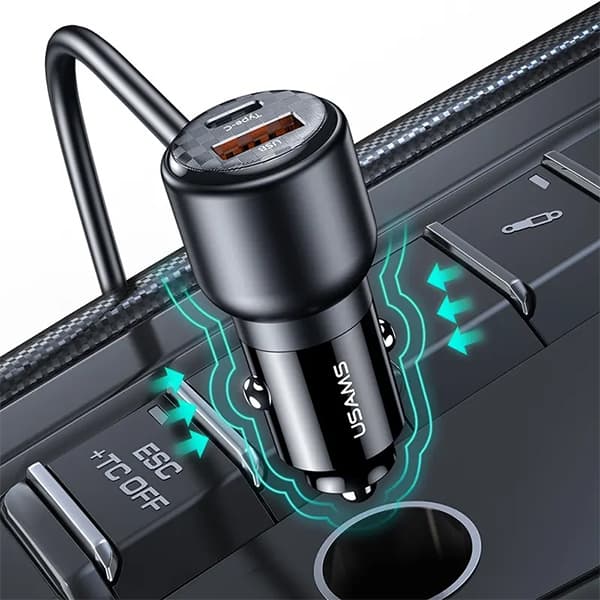 USAMS Biloplader C40 3xUSB+2xUSB-C 165WPD+QC Hurtigopladning sort/sort CC213CC01 (US-CC213)