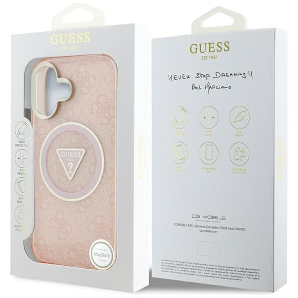 Guess IML Metal Glitter 4G Circle Triangle MagSafe - Etui til iPhone 16 (Pink)