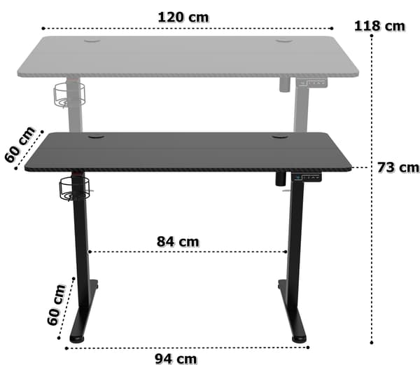 SHADOW GAMER 1.0 elektrisk gamingbord, sort, 120 cm