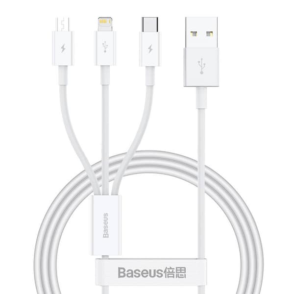 Baseus Superior Data USB-pikalatauskaapeli M+L+C-laitteille 3.5A 1M (valkoinen)