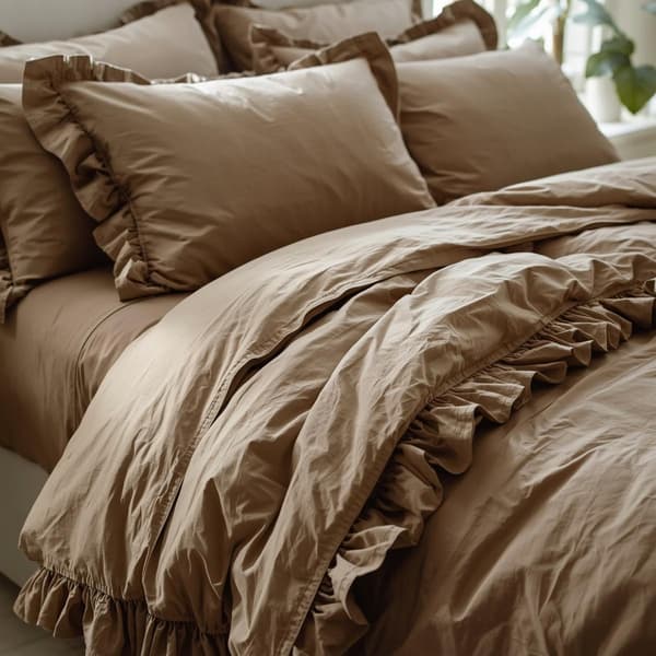 Sängset med volanger - Mörk beige dynta 200x220cm