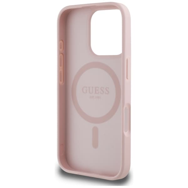 Guess Grained Hot Stamp Peony Triangle Logo MagSafe-cover til iPhone 16 Pro (lyserød)