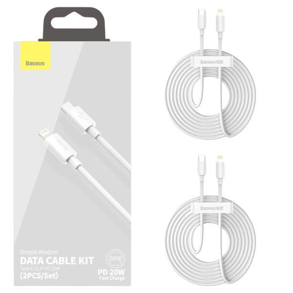Baseus Simple Wisdom USB-C til Lightning-kabel, PD, 20W, 1,5m (hvid) 2 stk.