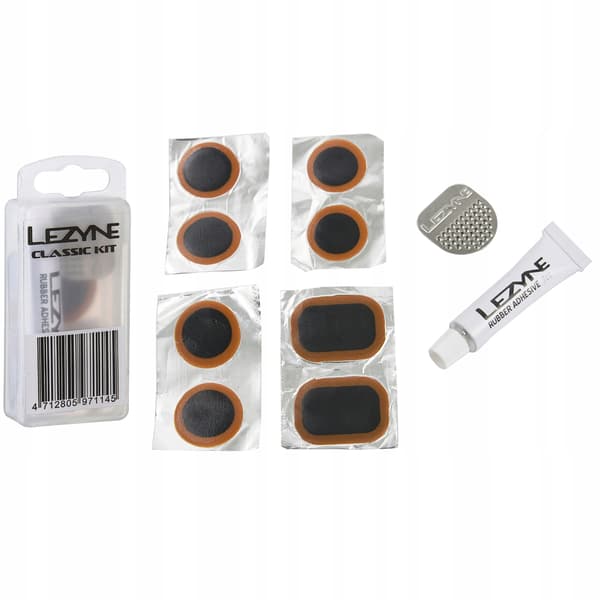 Lezyne Classic Kit Box däcklappningskit med 8 lappar och rivjärn