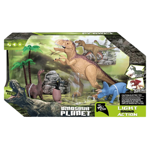 SÆT MED 4 DINOSAURFIGURER, 2 TRÆER, LYD- OG LYSEFFEKTER