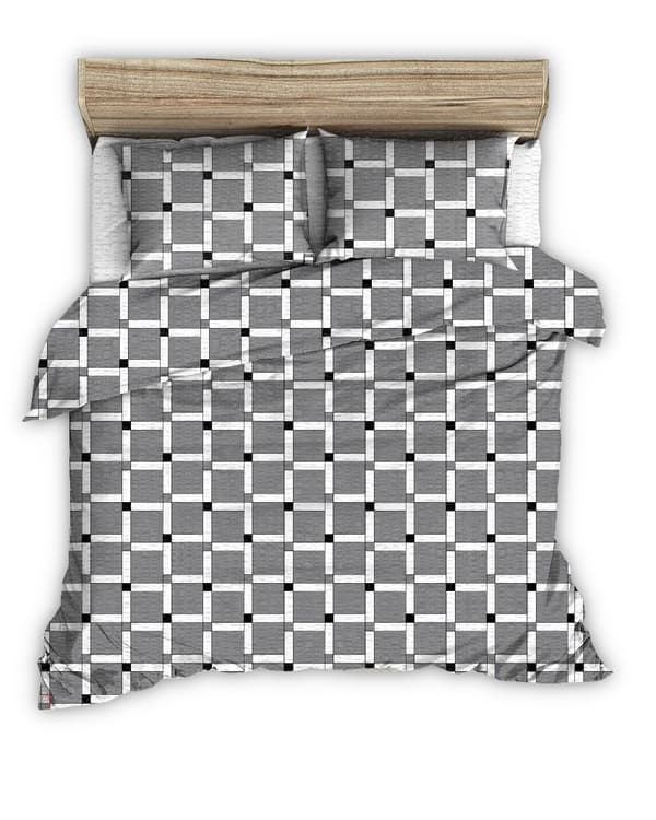 160x200 harmaa seesucker-vuodevaate, jossa epäsymmetrinen ruutukuvio
