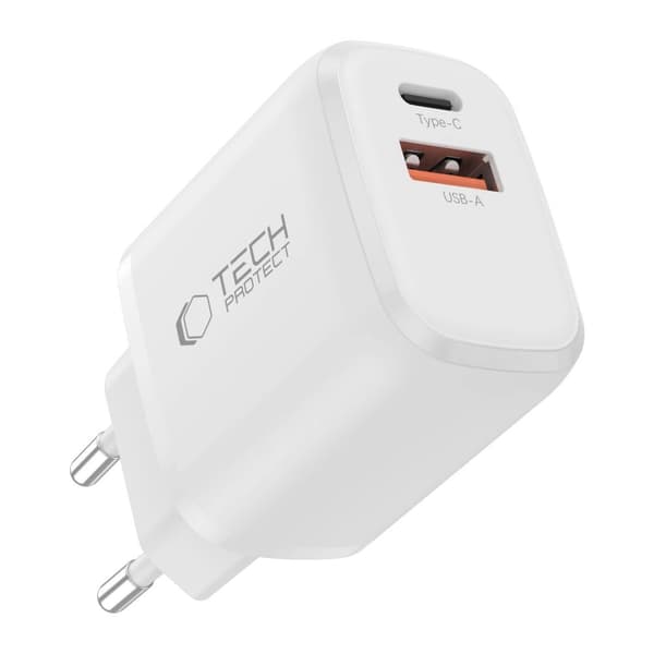 Tech-Protect NCA30 PD 30W QC3.0 USB-A / USB-C Väggladdare + USB-C / Lightning-kabel 100cm - Vit