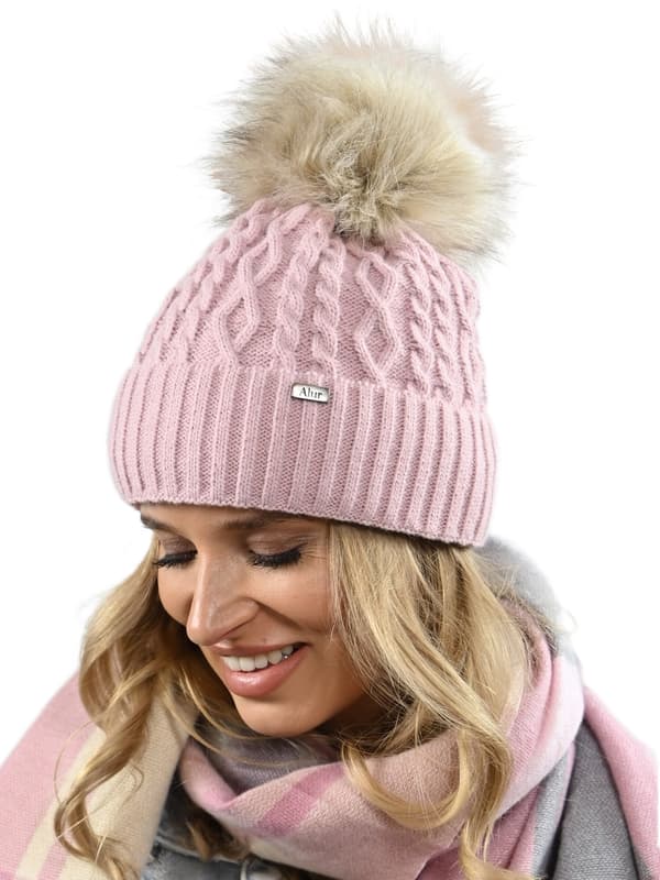 Damvintermössa i rosa med pompom, varm fleecemössa PL