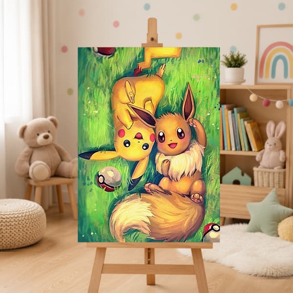 Måla efter nummer-bild med ram Pokémon Pikachu och Eevee 50x70 cm