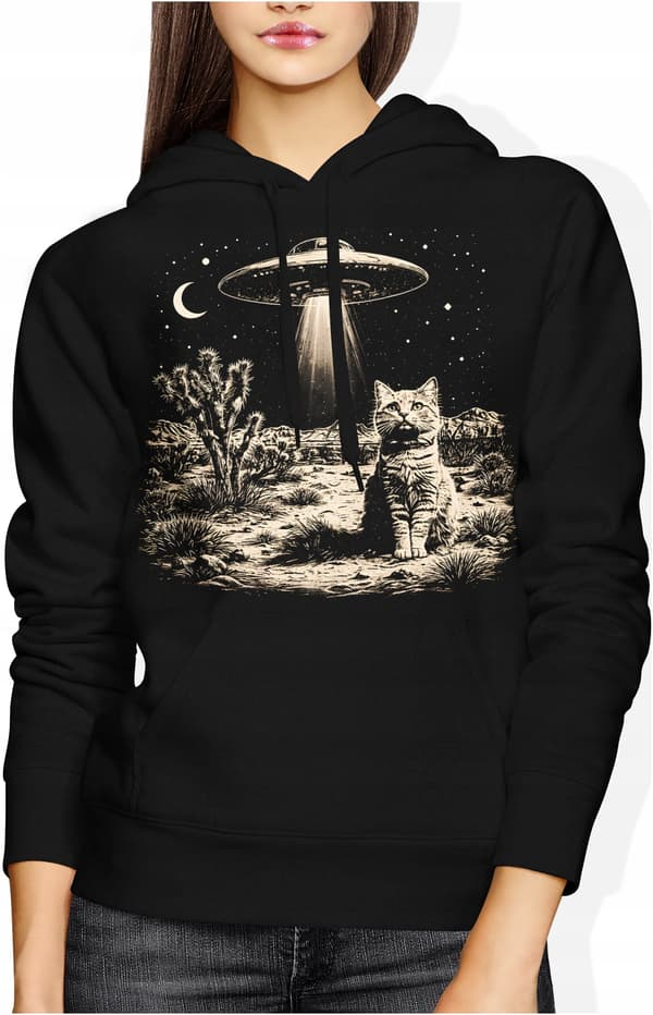 Damesweatshirt med katteprint, ufo, rumvæsen, rumskib, nat, stjerner, L