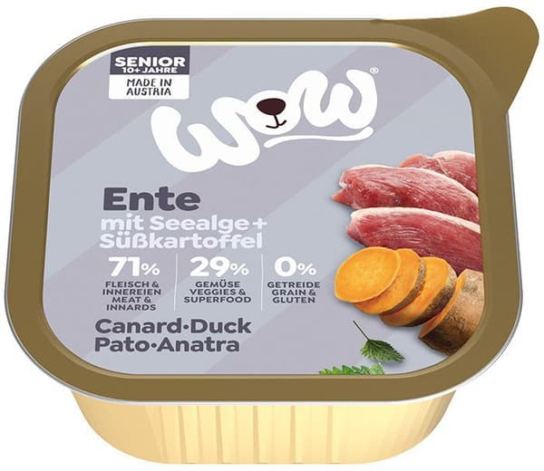 WOW | Vådfoder til hunde | Bakke 150g - WOW Senior Ente - and med alger og søde kartofler 150g