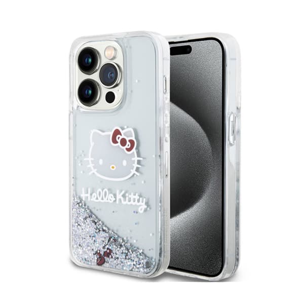 Hello Kitty Liquid Glitter Charms Kitty Head - iPhone 15 Pro-skal (Silver)