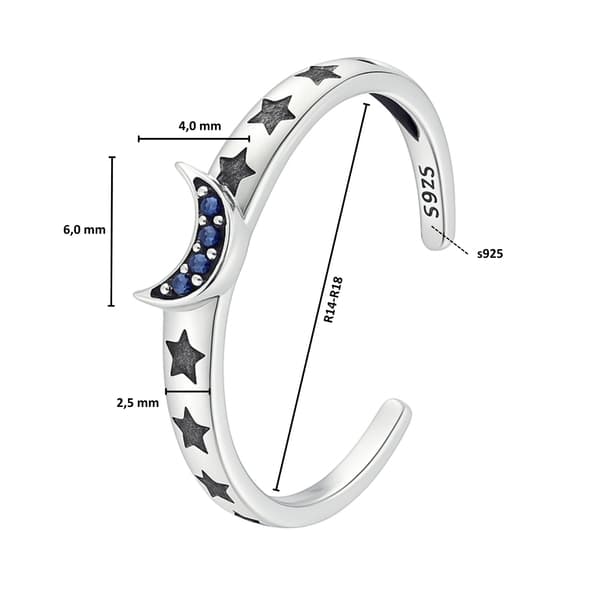 Justerbar silverring med måne och stjärnor, 925 silver