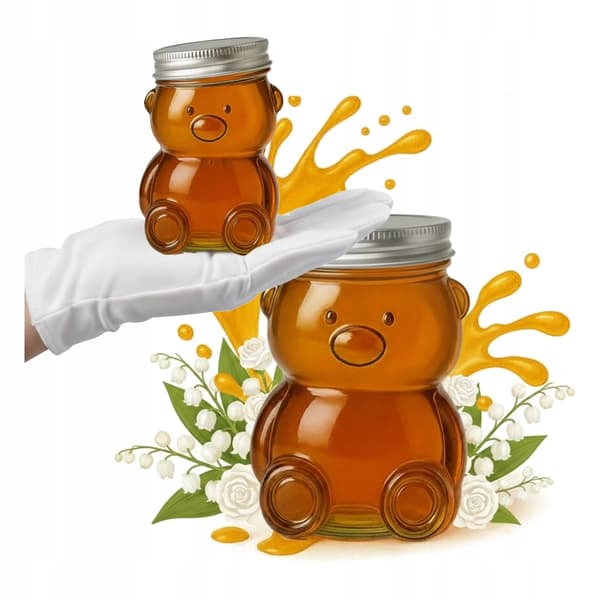 4x Glaskrukke Bamse 150ml Bryllup Dåb Nadver til honningmarmelade slik