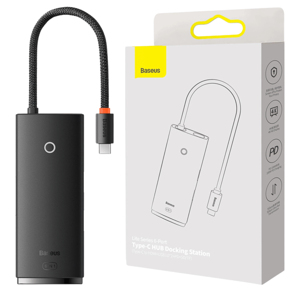 Baseus Lite Series 6-i-1 hub USB-C til 2x USB 3.0 + USB-C PD + HDMI + SD/TF (sort)