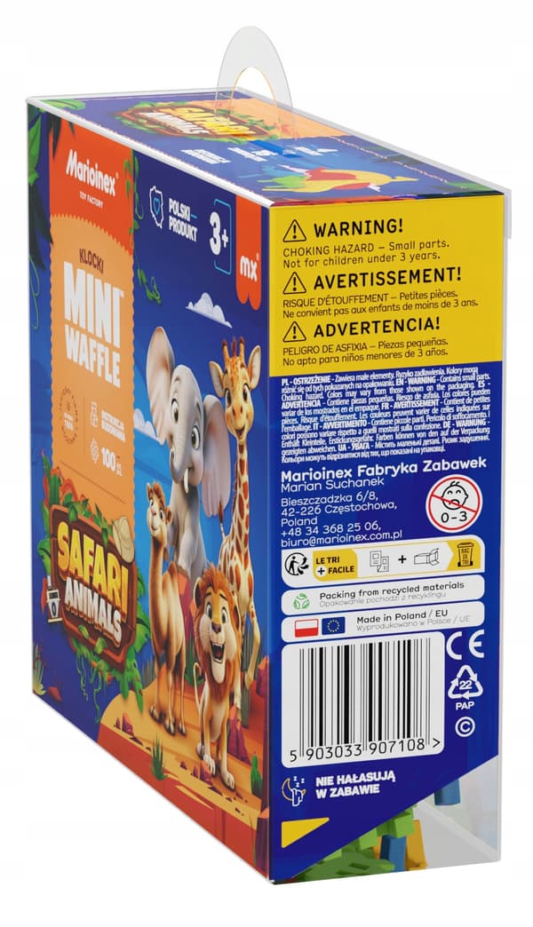 Marioinex WAFFLE mini Safari Animals klodser, 100 dele inklusive 16 dyr