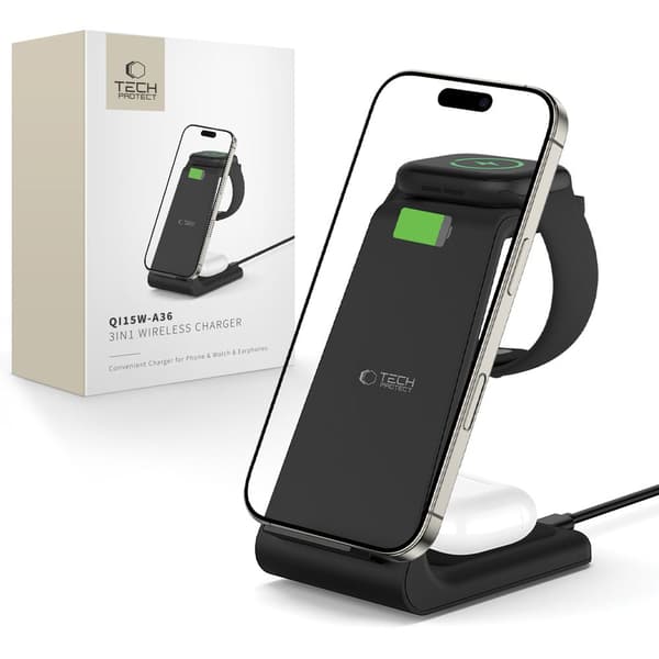 TECH-PROTECT QI15W-A36 3-i-1 trådløs oplader til Apple Black