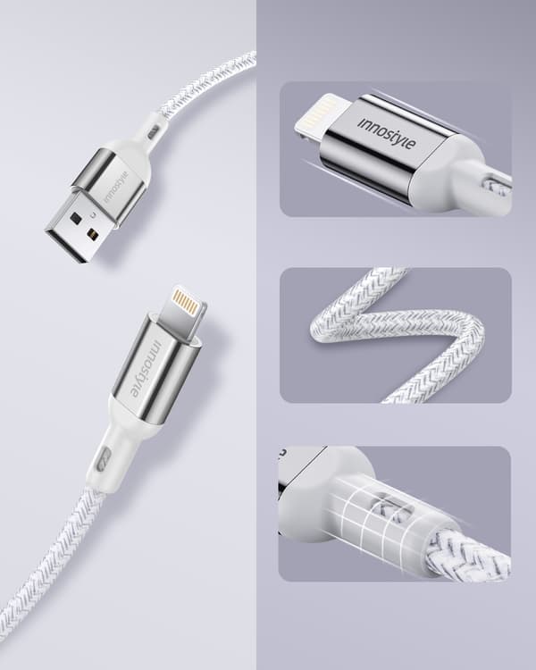 INNOSTYLE POWERFLEX USB LIGHTNING MFI SNABBLADDNINGSKABEL FÖR IPHONE KEVLAR 2M SILVER