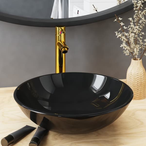 vidaXL håndvask med hane og prop, sort, hærdet glas