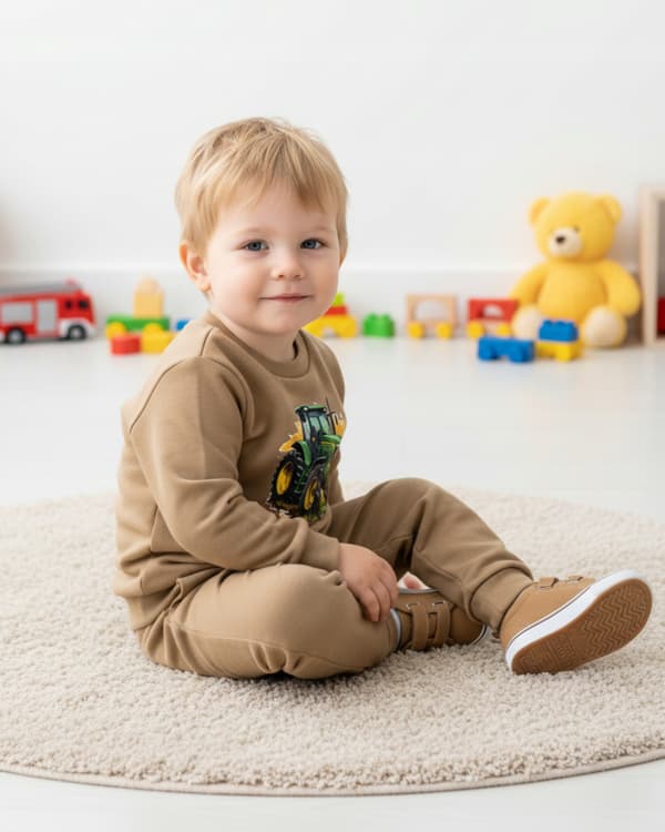 BARNPYJAMAS 104 för POJKAR 100% bomull TRAKTOR tryck beige