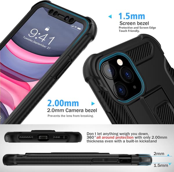 BUMPER ETUI TIL APPLE IPHONE 11 PRO SORT + 2x HÆRDET GLAS A2160
