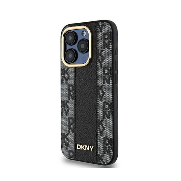 DKNY Læder MagSafe med Ternet Monomønster - iPhone 15 Pro Etui (Sort)