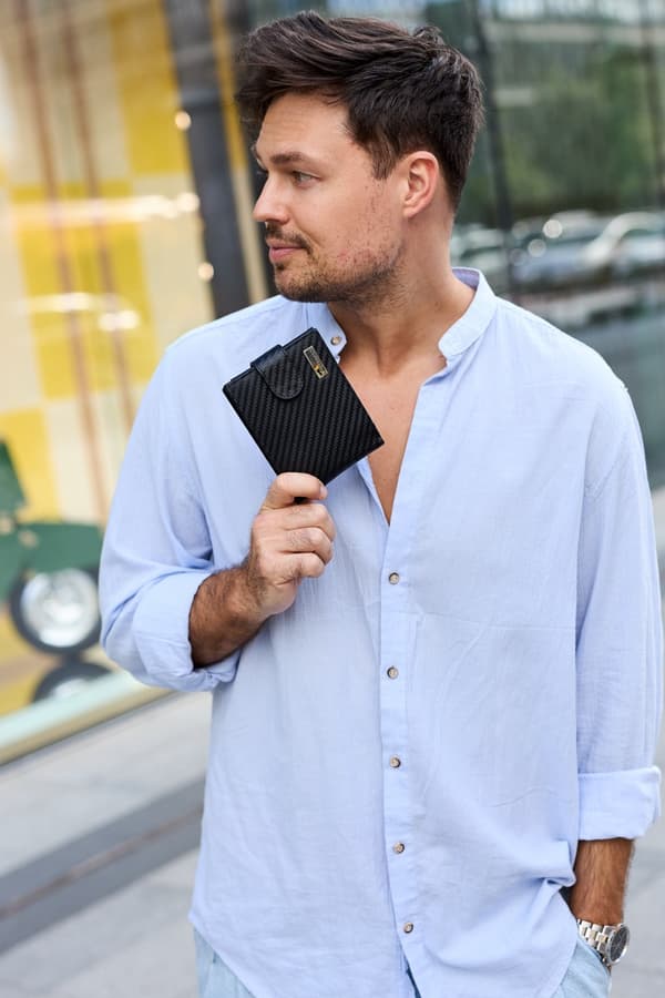 Herr klassisk läderplånbok RFiD stor svart kolfiber premium Beltimore