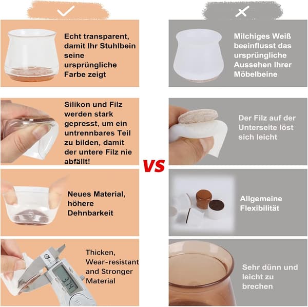 32X TRANSPARENTE SILIKONE MØBELBEDRÆK TIL STOLEBEN MED FILT