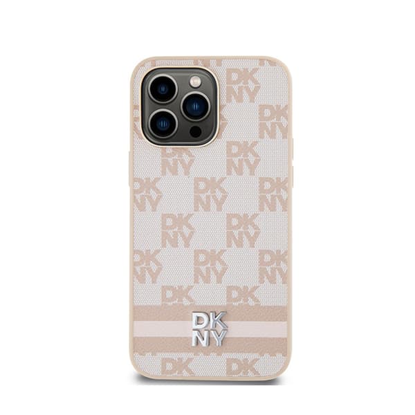 DKNY Læder Ternet Mono Mønster & Trykte Striber - iPhone 14 Pro Max Etui (Pink)