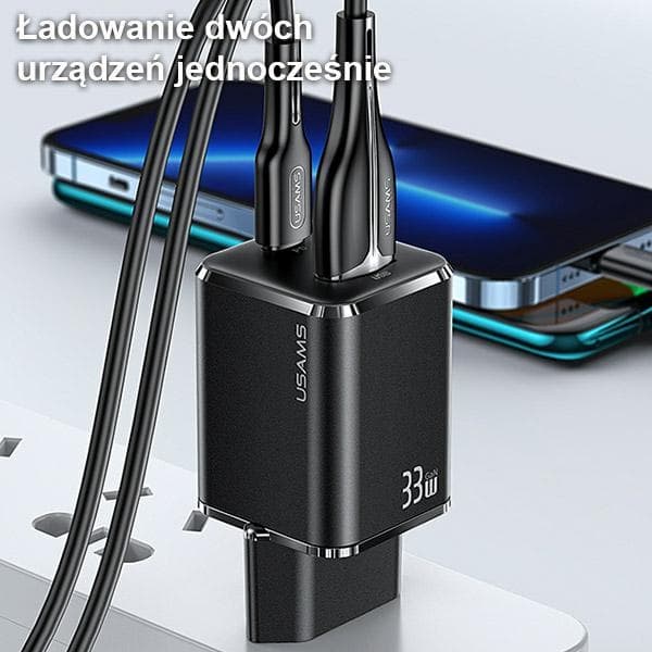 USAMS Netværksoplader 1xUSB-C + 1xUSB T43 33WPD3.0 + QC3.0 + U63 USB-C til Lightning-kabel Sort/Sort USKTZ01