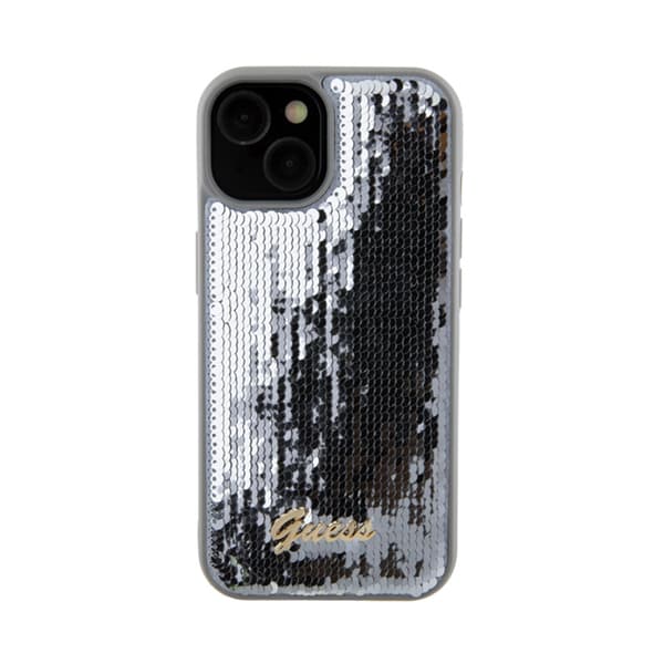 Guess Sequin Script Metal - iPhone 15 -suojakuori (hopea)