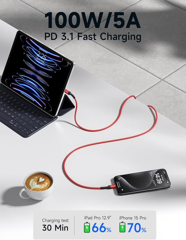 2x USB-C - USB-C -pikalatauskaapeli, punainen, 100W, 20V, 5A, 2m