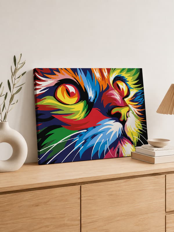 MALING EFTER TAL MED RAMME Billeder til maleri - Farverig kat 50x40 cm