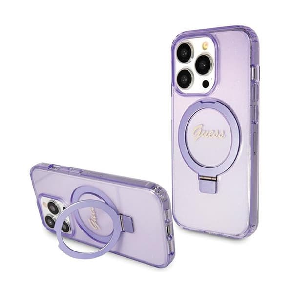 Guess Ring Stand Script Glitter MagSafe - iPhone 15 Pro cover (lilla)